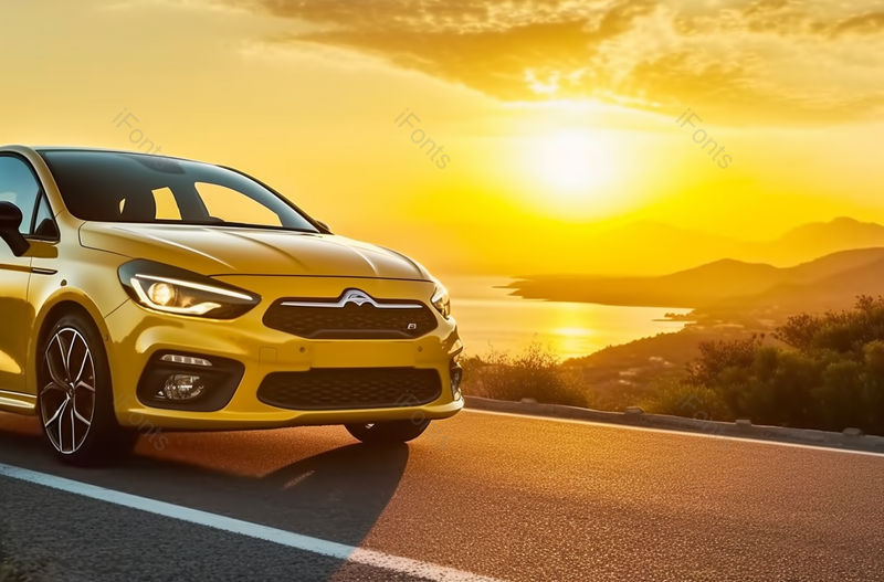 日落海边柏油路驾驶黄色的汽车晚霞夕阳黄色背景,高清,摄影图,摄影图片,图片大全,摄影图免费下载